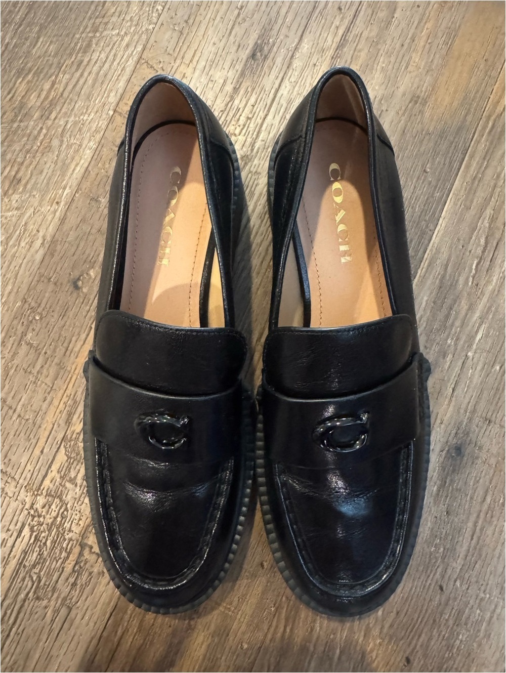 Coach Black Leah Leather Chunky Logo Platform Loafers Sz 9 - Picture 8 of 8
